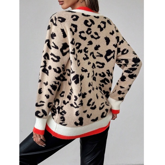 Animal Print Cheetah V-Neck Contrast Binding Knit Sweater Beige - Picture 5 of 7